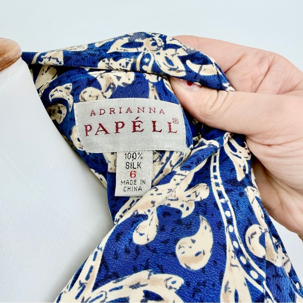 ADRIANNA PAPELL Vintage 100% Silk Blue Floral Midi Dress Wrap Tie Waist - Picture 5 of 11